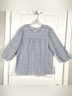 Style & Co Blue White Embroidered Stripe Boho Blouse XL